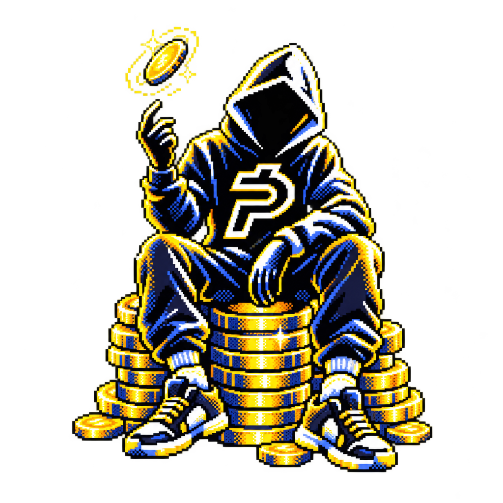 Satoshi Got Paid seated atop a stack of gold coins, flicking a coin