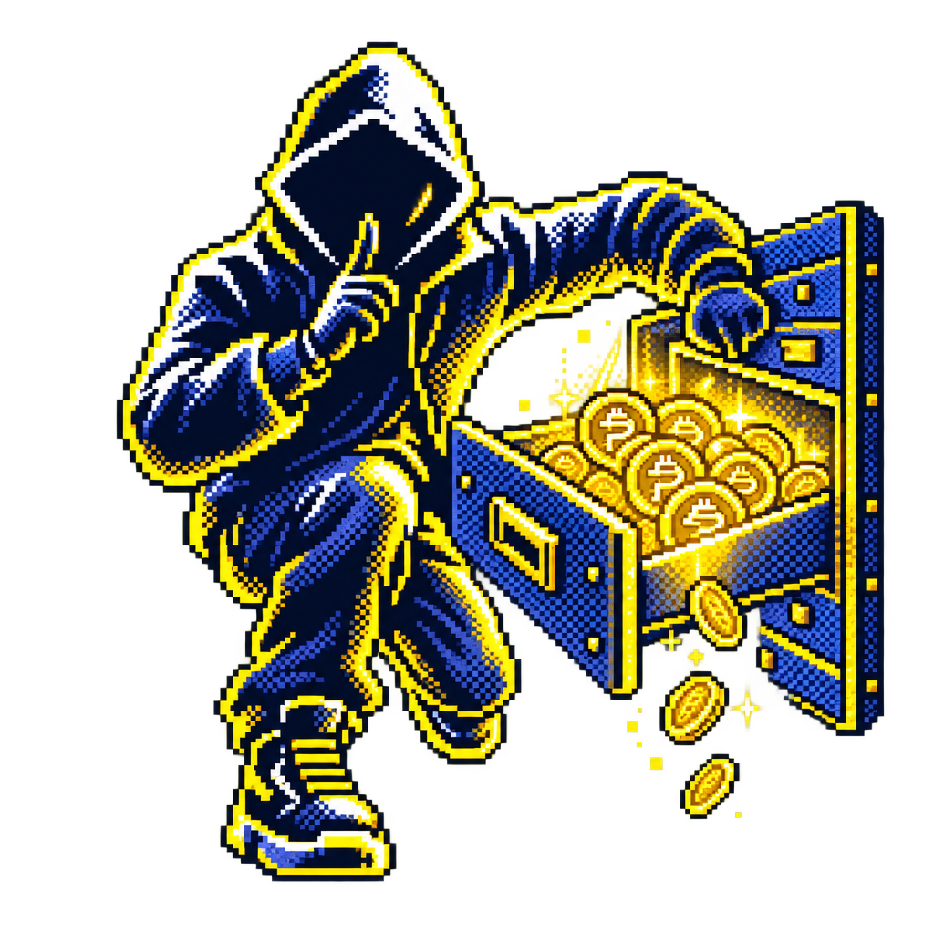 Satoshi Got Paid reaching into a vault drawer full of gold coins