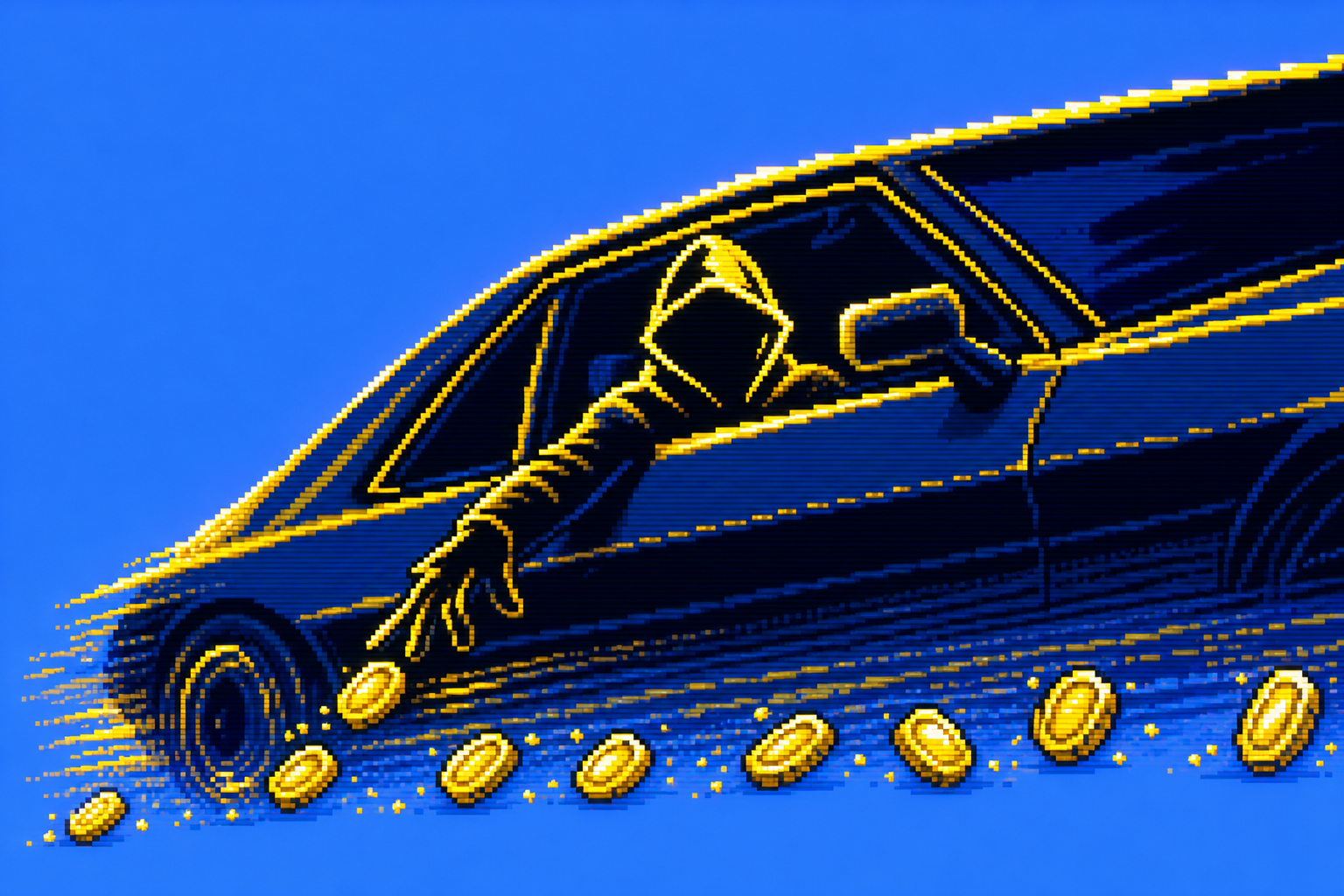 Silhouette driving off, coins scattering behind